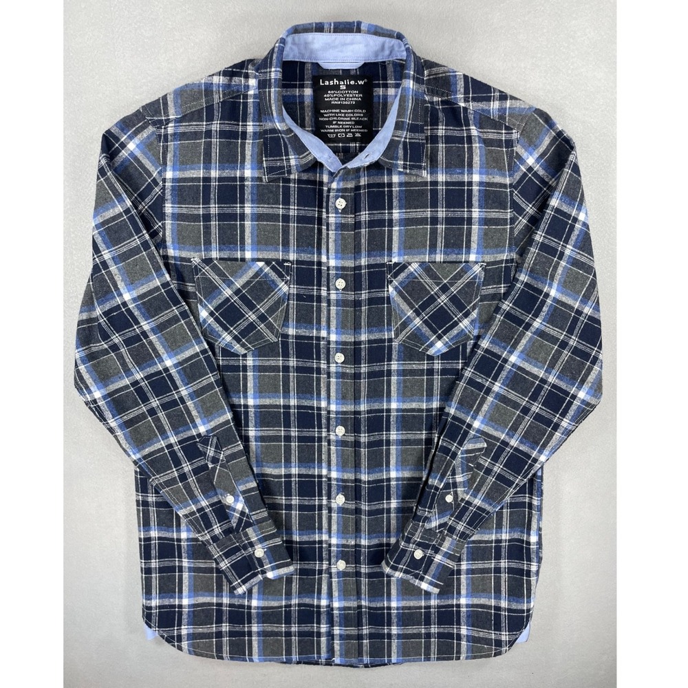 Lashalie.w Mens Button Down Shirt Plaid Navy Grey Blue Cotton Blend Small